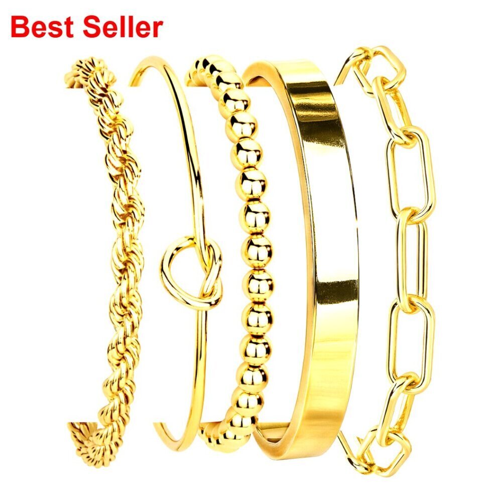 14K Gold Plated Stainless Steel Cuff Bracelet Set Stackable Adjustable